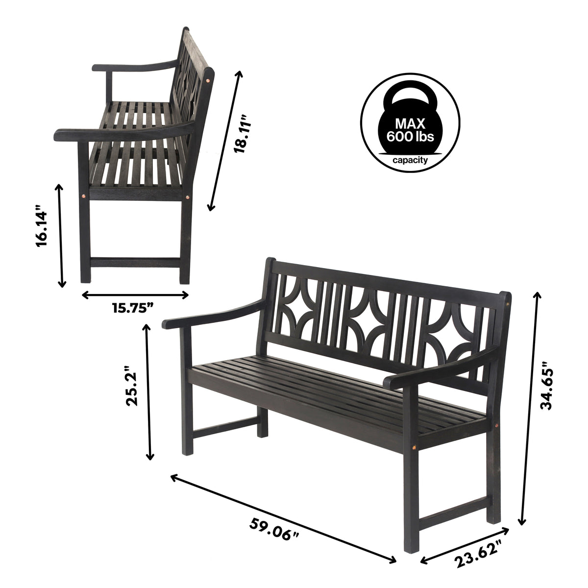 Teak Ogee Diamond-Back 600-Lbs Support Acacia Wood Outdoor Garden Patio Bench