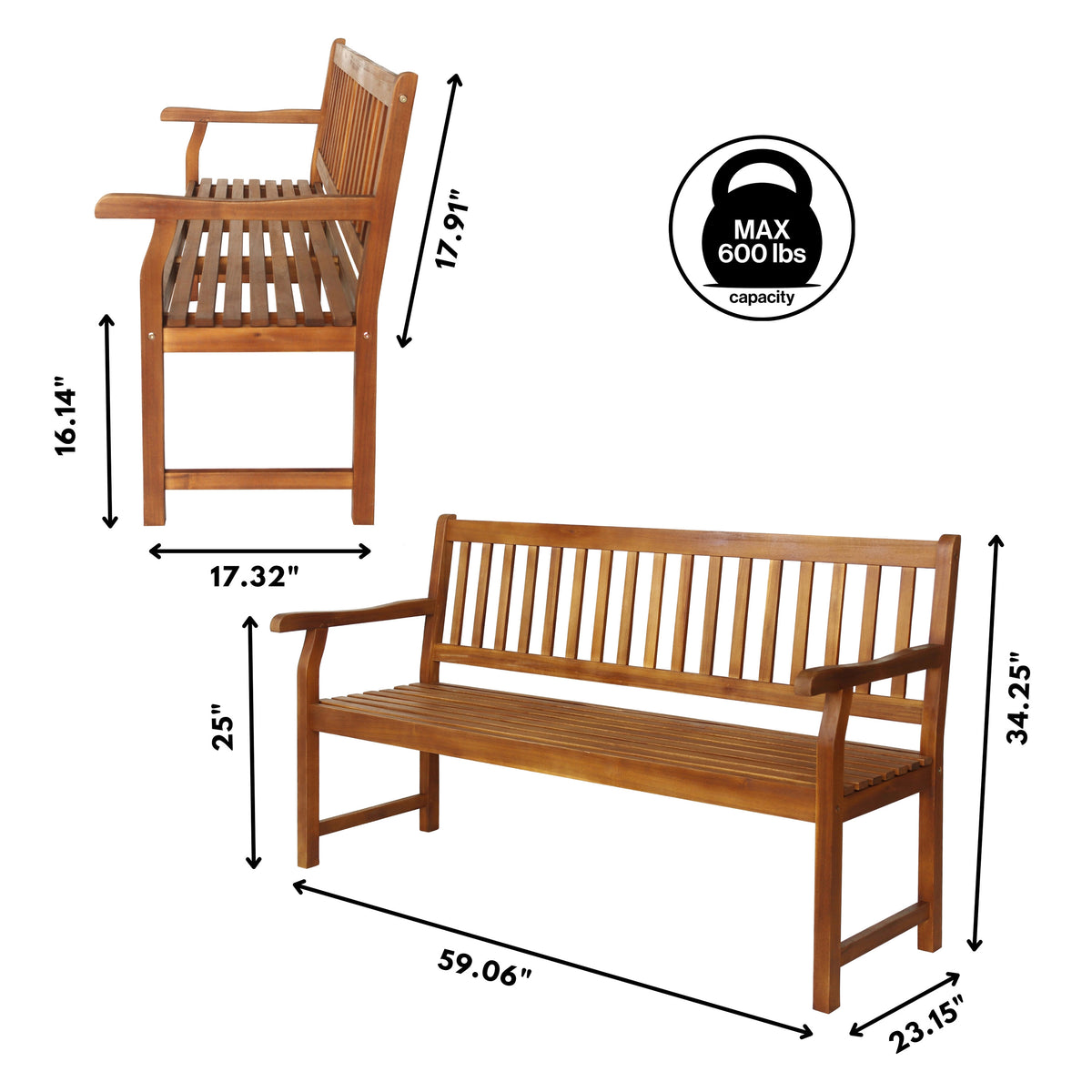 Mischa Slat-Back 600-Lbs Support Acacia Wood Outdoor Garden Patio Bench