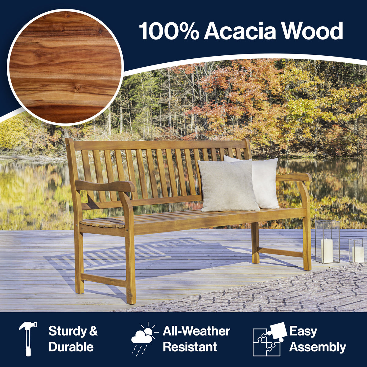 Mischa Slat-Back 600-Lbs Support Acacia Wood Outdoor Garden Patio Bench