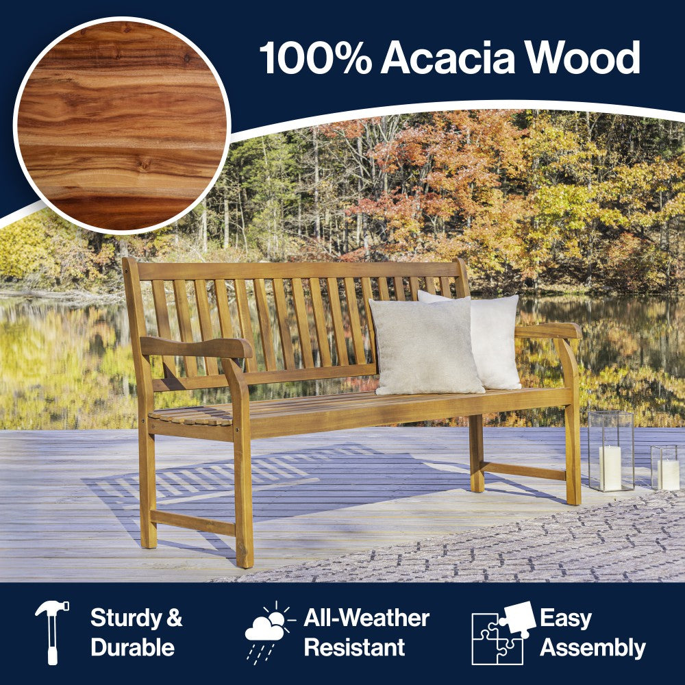 Mischa Slat-Back 600-Lbs Support Acacia Wood Outdoor Garden Patio Bench