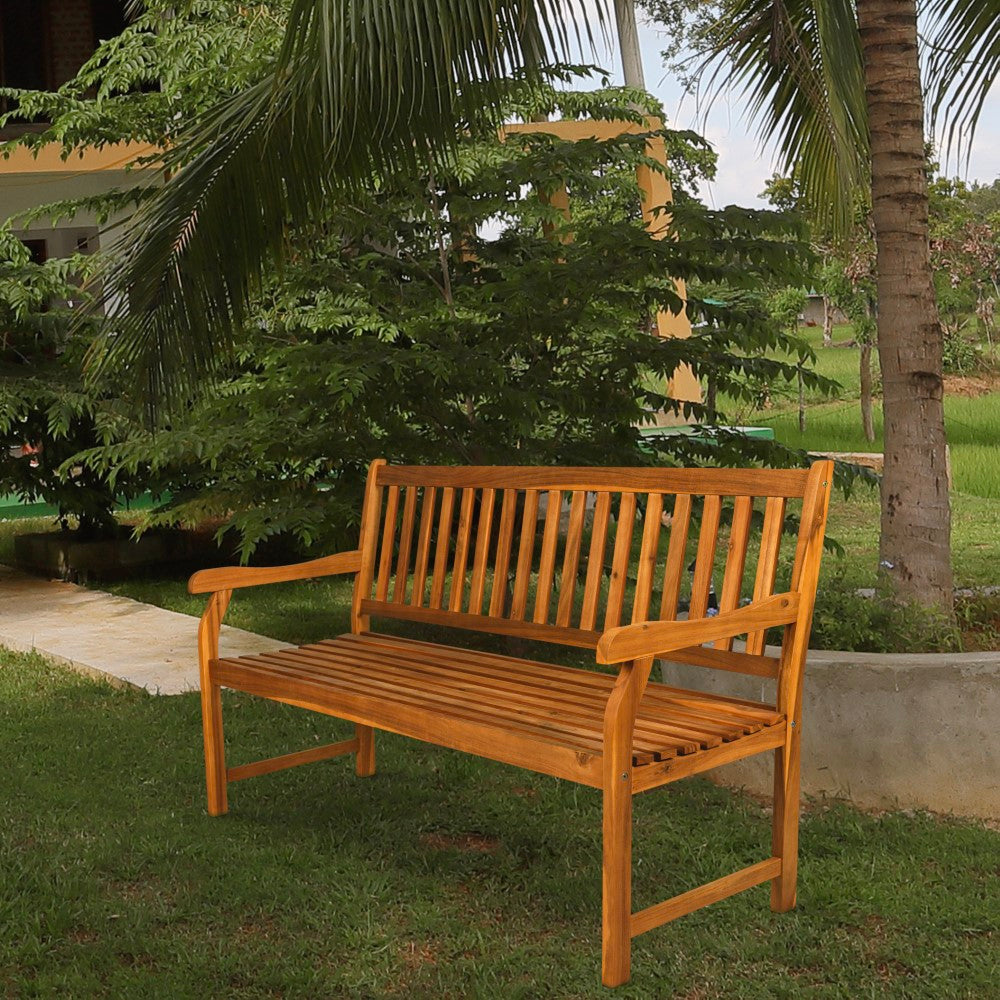 Mischa Slat-Back 600-Lbs Support Acacia Wood Outdoor Garden Patio Bench