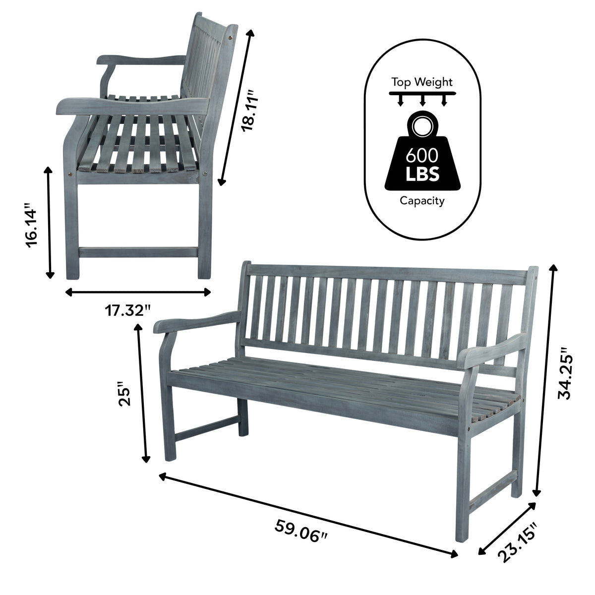 Mischa Slat-Back 600-Lbs Support Acacia Wood Outdoor Garden Patio Bench