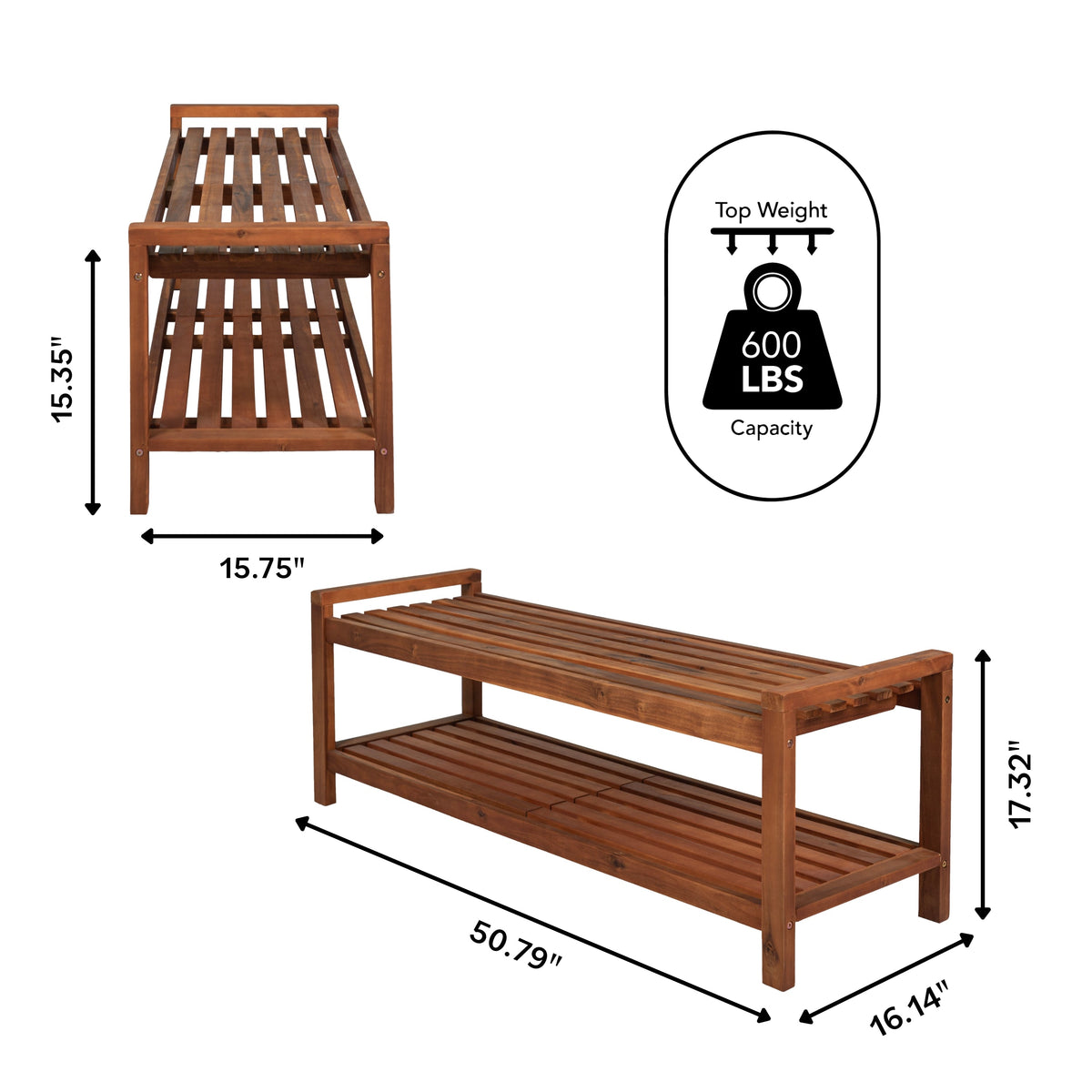 Walker 50.8" 3-Seat Mid-Century Modern 600-Lbs Support Acacia Wood Slat Outdoor Shoe Rack