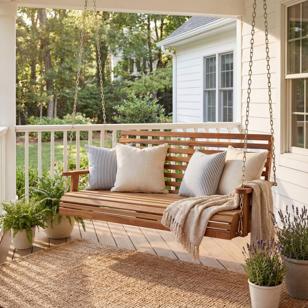 Solen 51" Coastal Farmhouse 2-Seat Slate-Back 705-Lbs Support Acacia Wood Outdoor Porch Swing