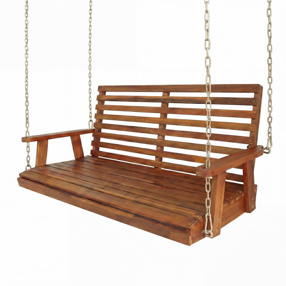 Solen 51" Coastal Farmhouse 2-Seat Slate-Back 705-Lbs Support Acacia Wood Outdoor Porch Swing