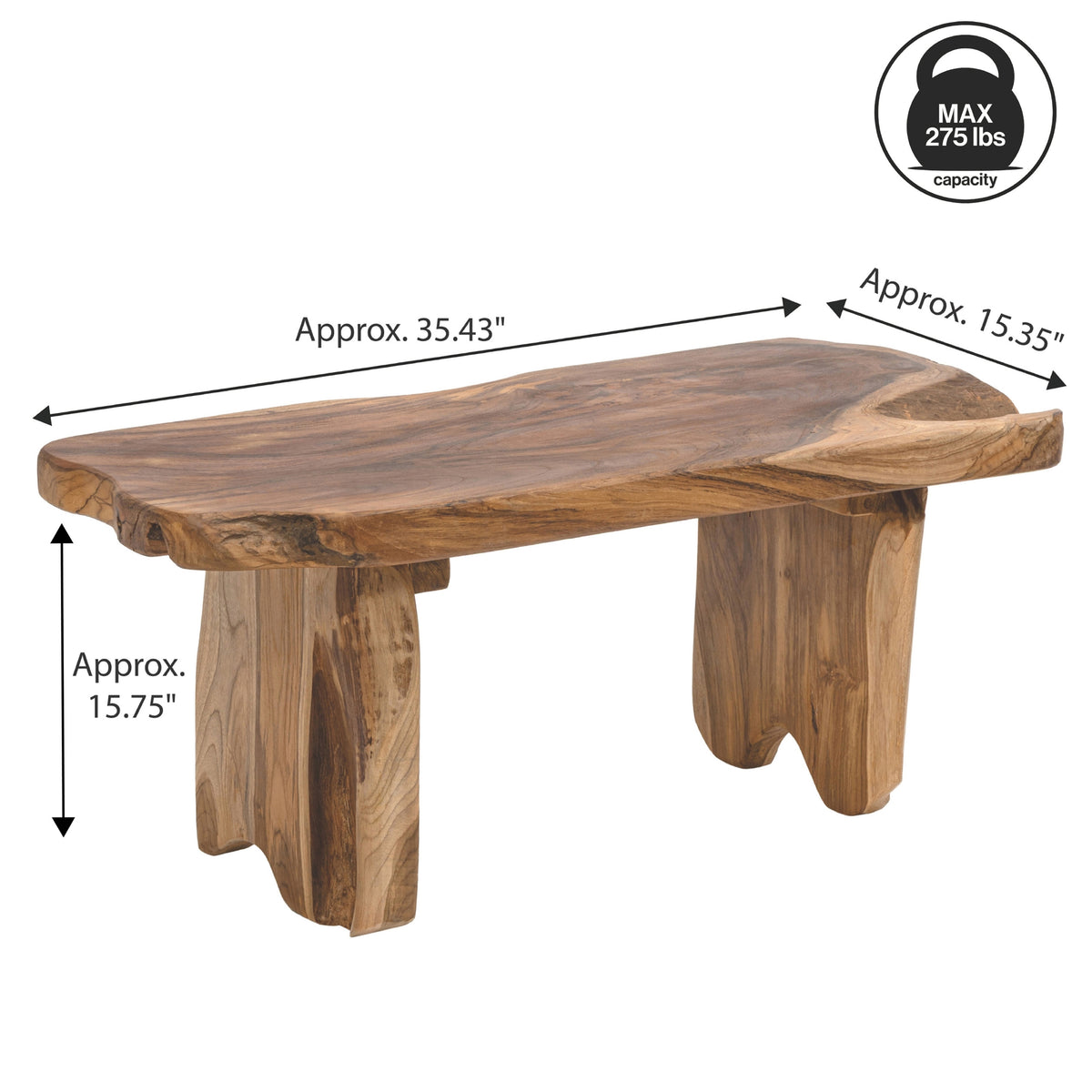 Arvyn 35.4" Handcrafted Rustic Minimalist Live Edge Solid Teak Wood Entryway Bench