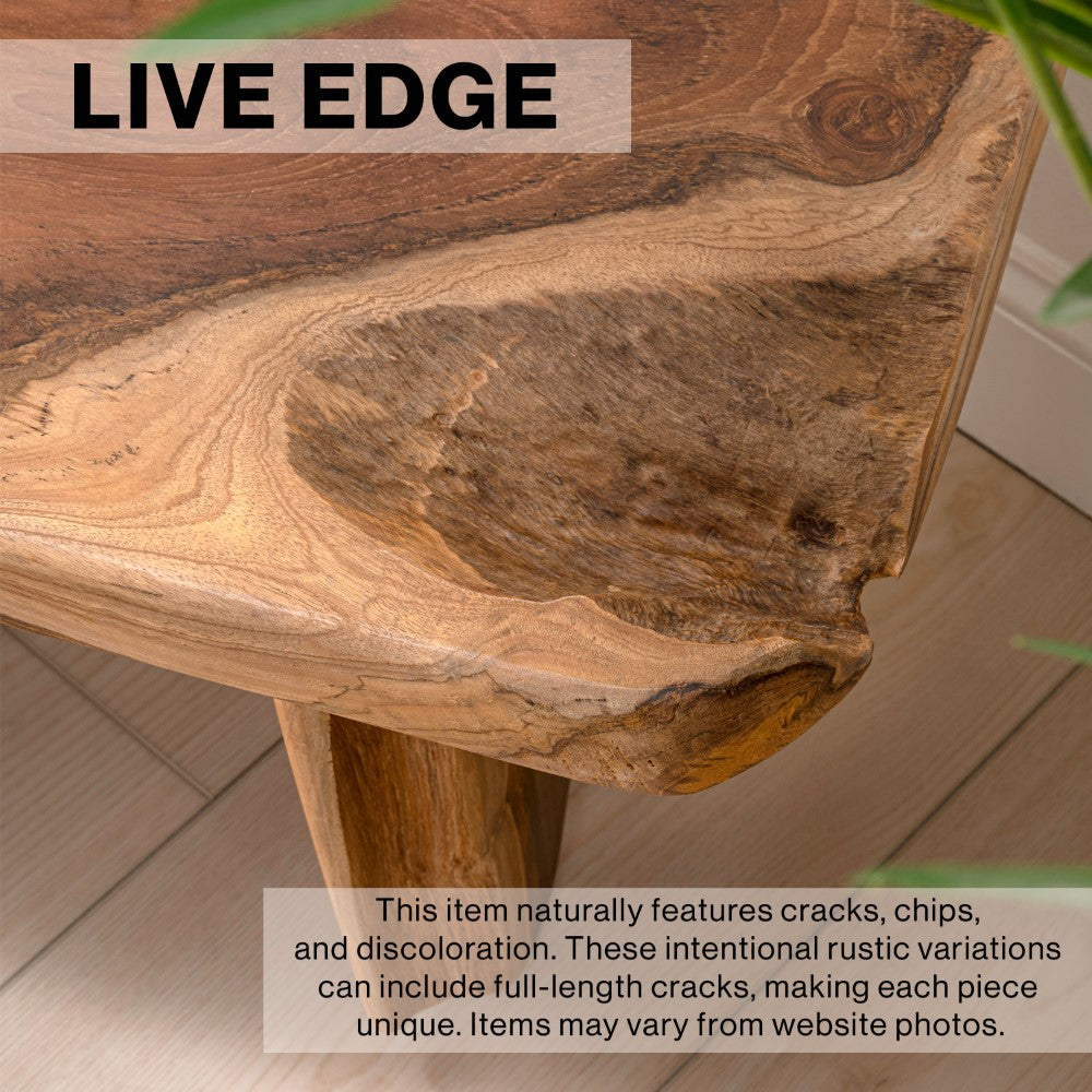 Arvyn 35.4" Handcrafted Rustic Minimalist Live Edge Solid Teak Wood Entryway Bench