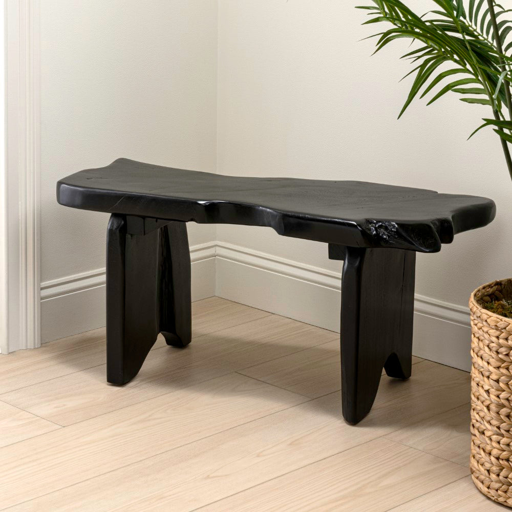 Arvyn 35.4" Handcrafted Rustic Minimalist Live Edge Solid Teak Wood Entryway Bench