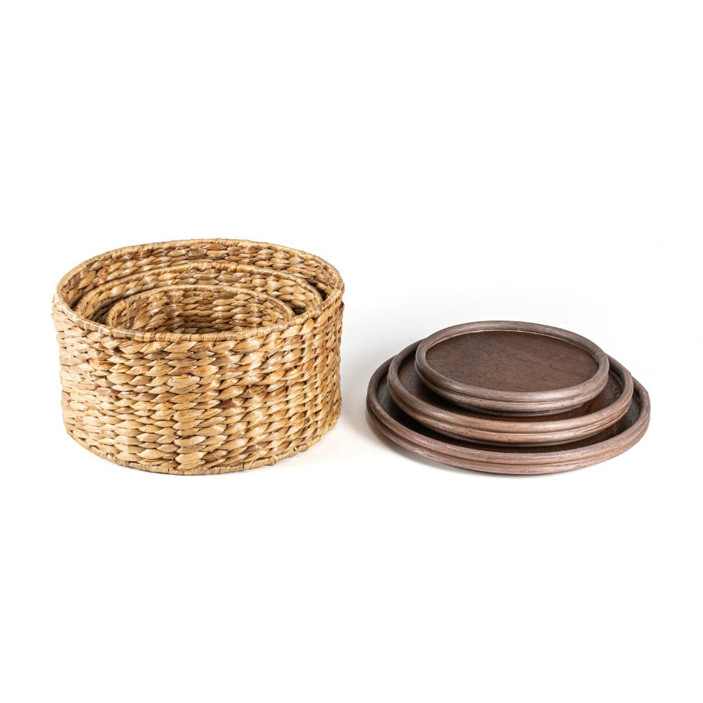 Gouda Southwestern Hand-Woven Hyacinth Circular Nesting Baskets with Wood Lids