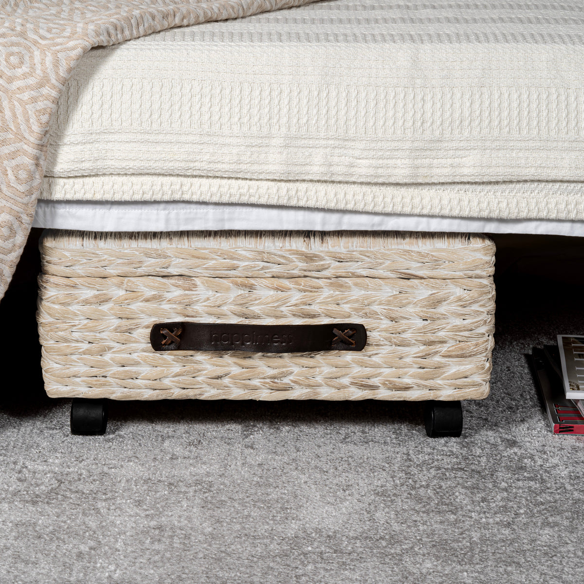 Chett Minimalist Hand-Woven Hyacinth/Wood Underbed Storage Bin with Wheels and Handles