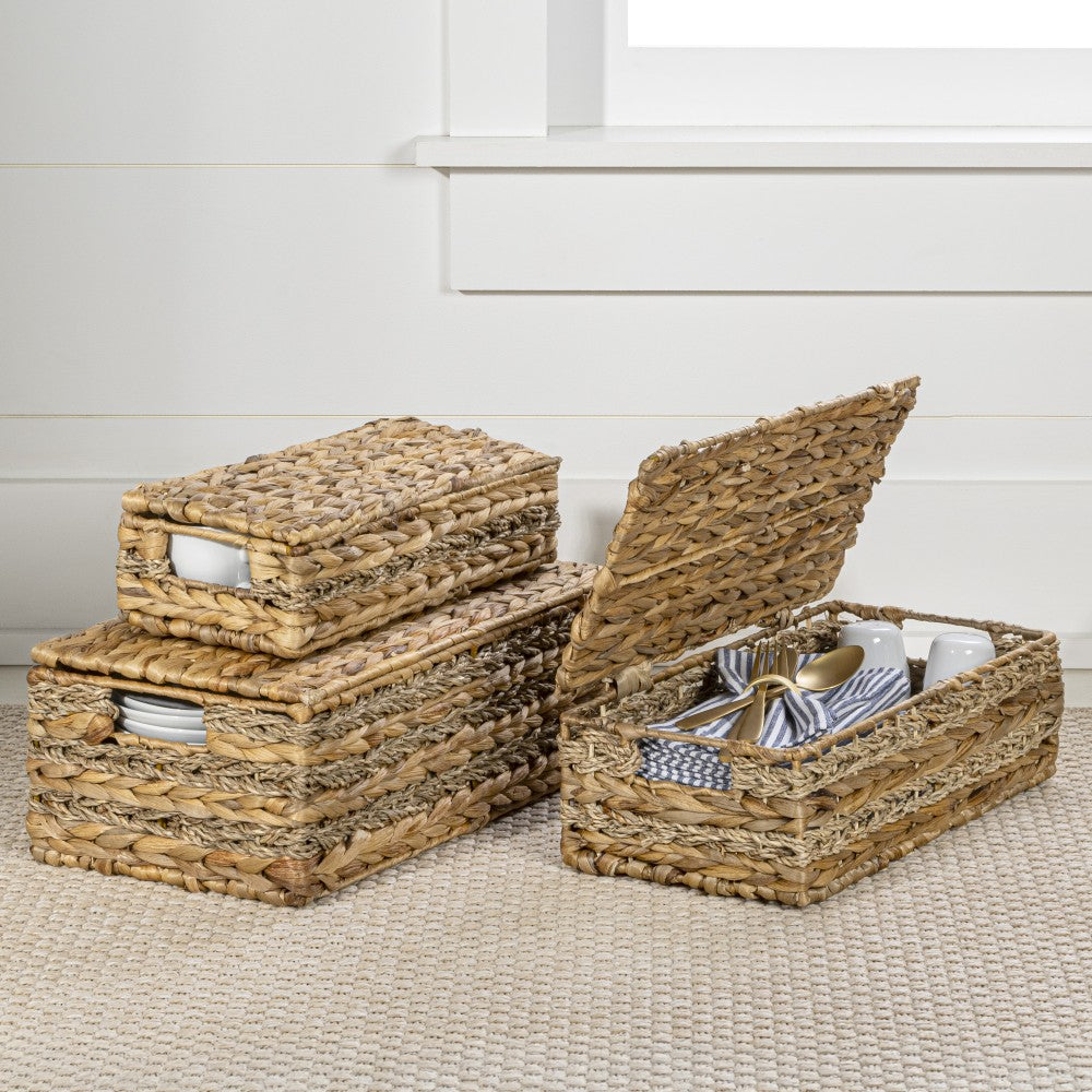 Cedar Classic Farmhouse Handwoven Hyacinth Storage Baskets with Handles and Lids