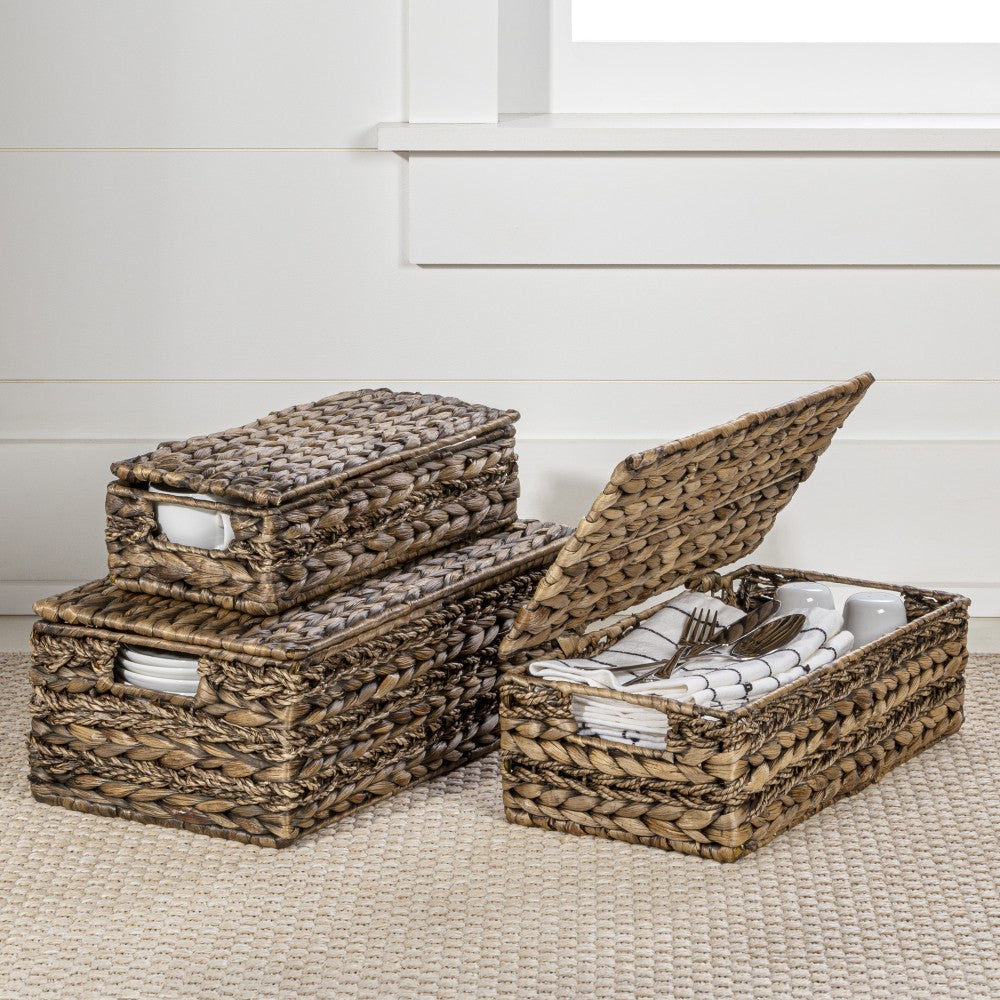 Cedar Classic Farmhouse Handwoven Hyacinth Storage Baskets with Handles and Lids