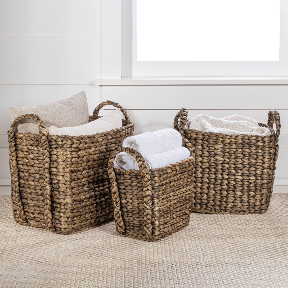 Granite Farmhouse Classic Handwoven Hyacinth Rectangle Storage Floor Baskets with Handles