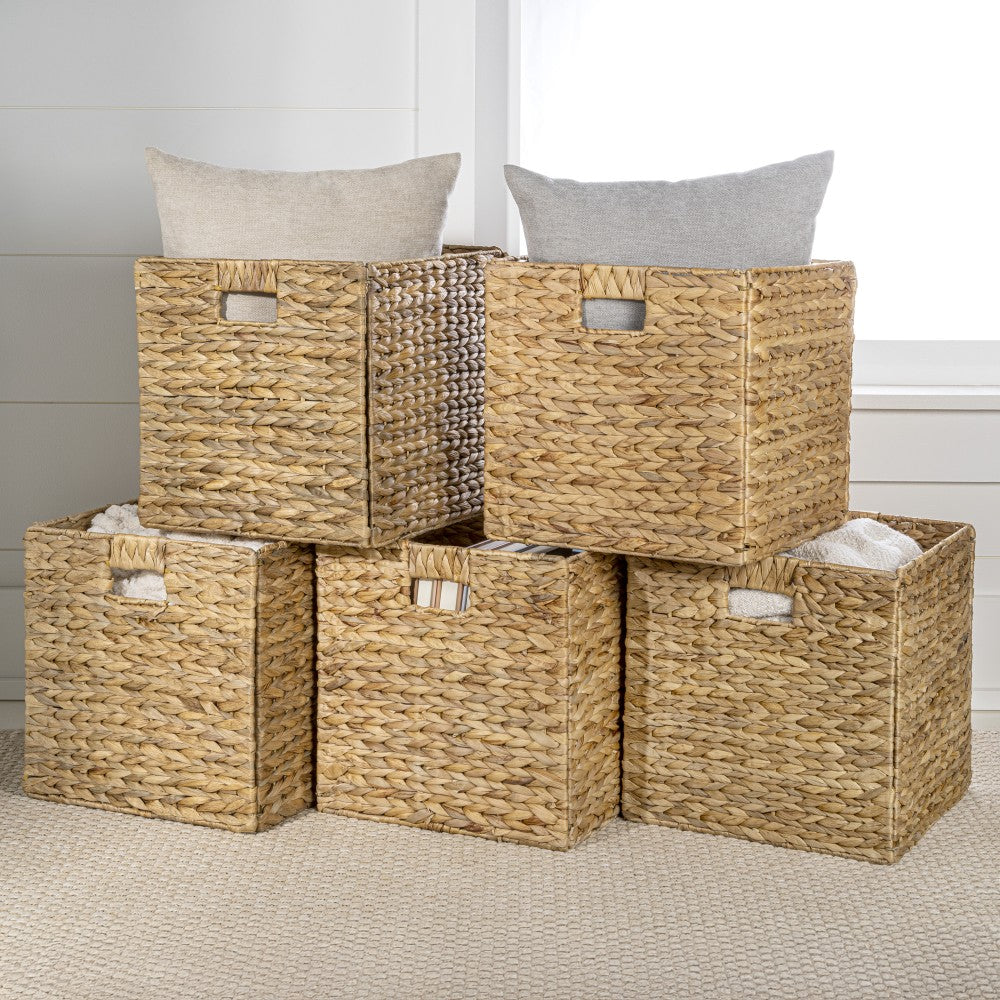 Fern Classic Farmhouse Handwoven Hyacinth Collapsible Storage Cube Baskets with Handles