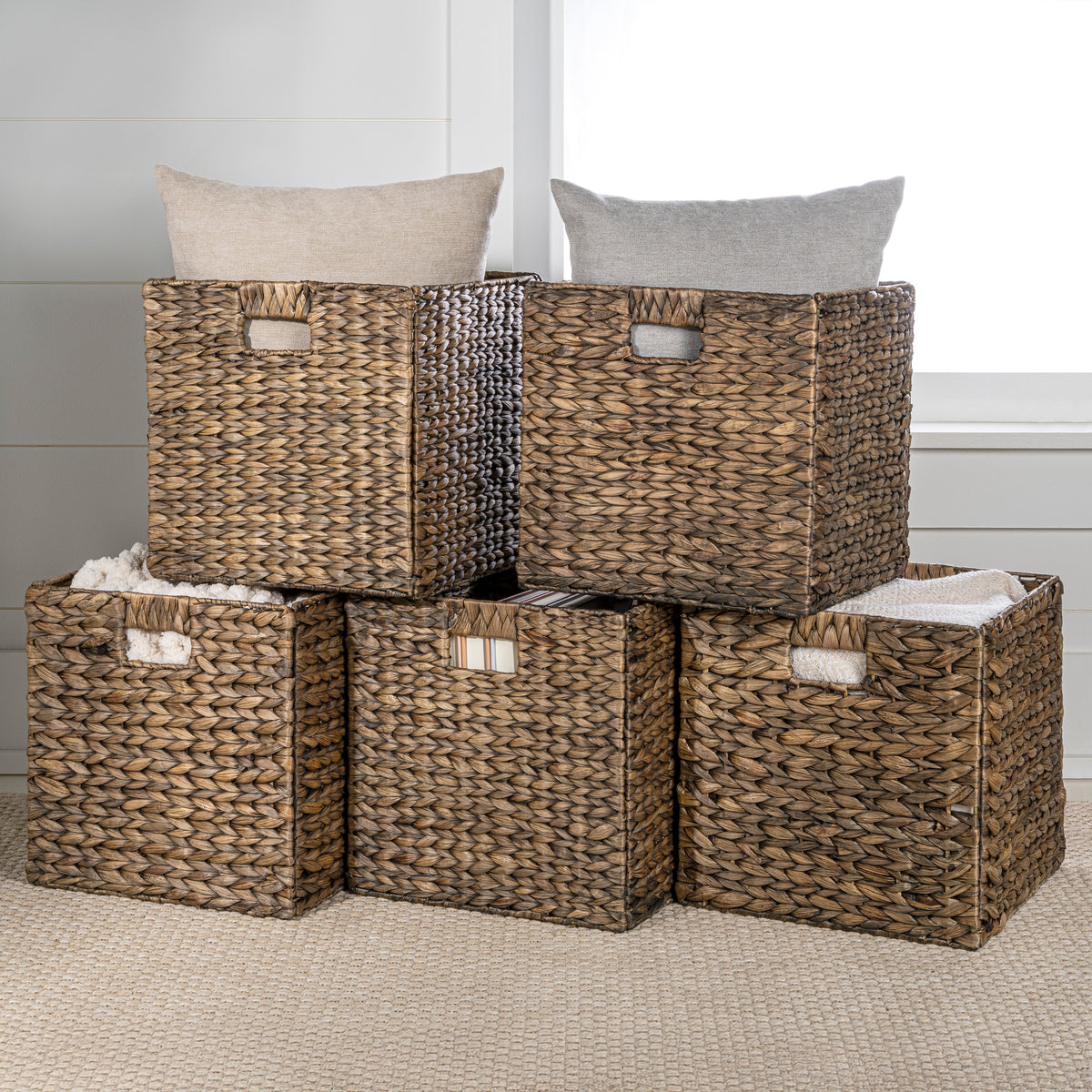 Fern Classic Farmhouse Handwoven Hyacinth Collapsible Storage Cube Baskets with Handles