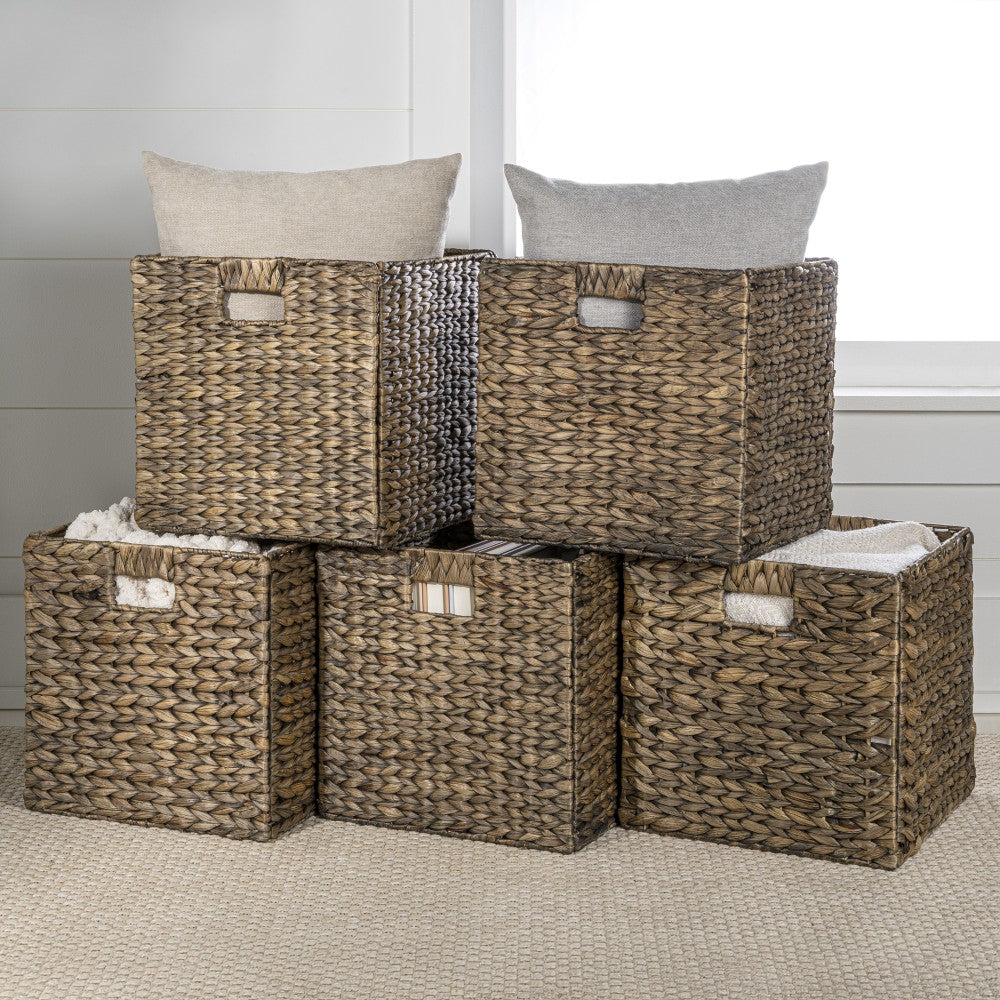 Fern Classic Farmhouse Handwoven Hyacinth Collapsible Storage Cube Baskets with Handles