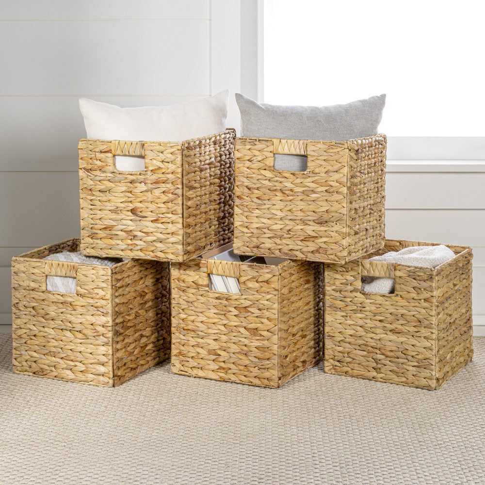Fern Classic Farmhouse Handwoven Hyacinth Collapsible Storage Cube Baskets with Handles