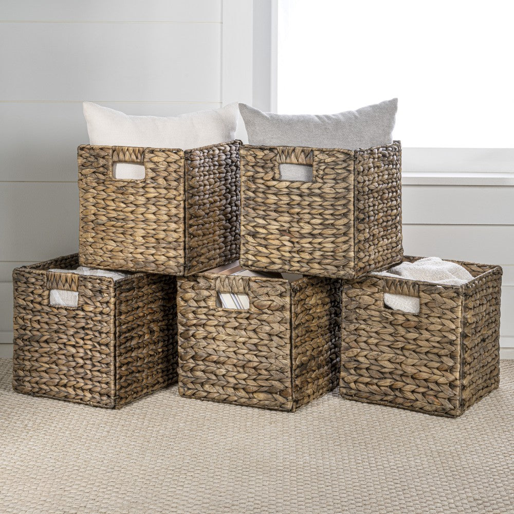 Fern Classic Farmhouse Handwoven Hyacinth Collapsible Storage Cube Baskets with Handles