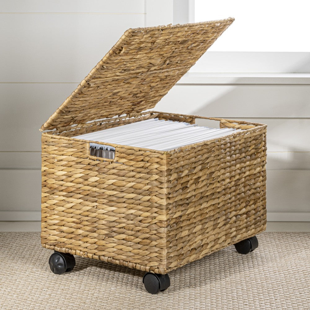Snow 18.11" Classic Farmhouse Handwoven Hyacinth Rolling Filing Basket with Lid and 360 Degree Lockable Wheels