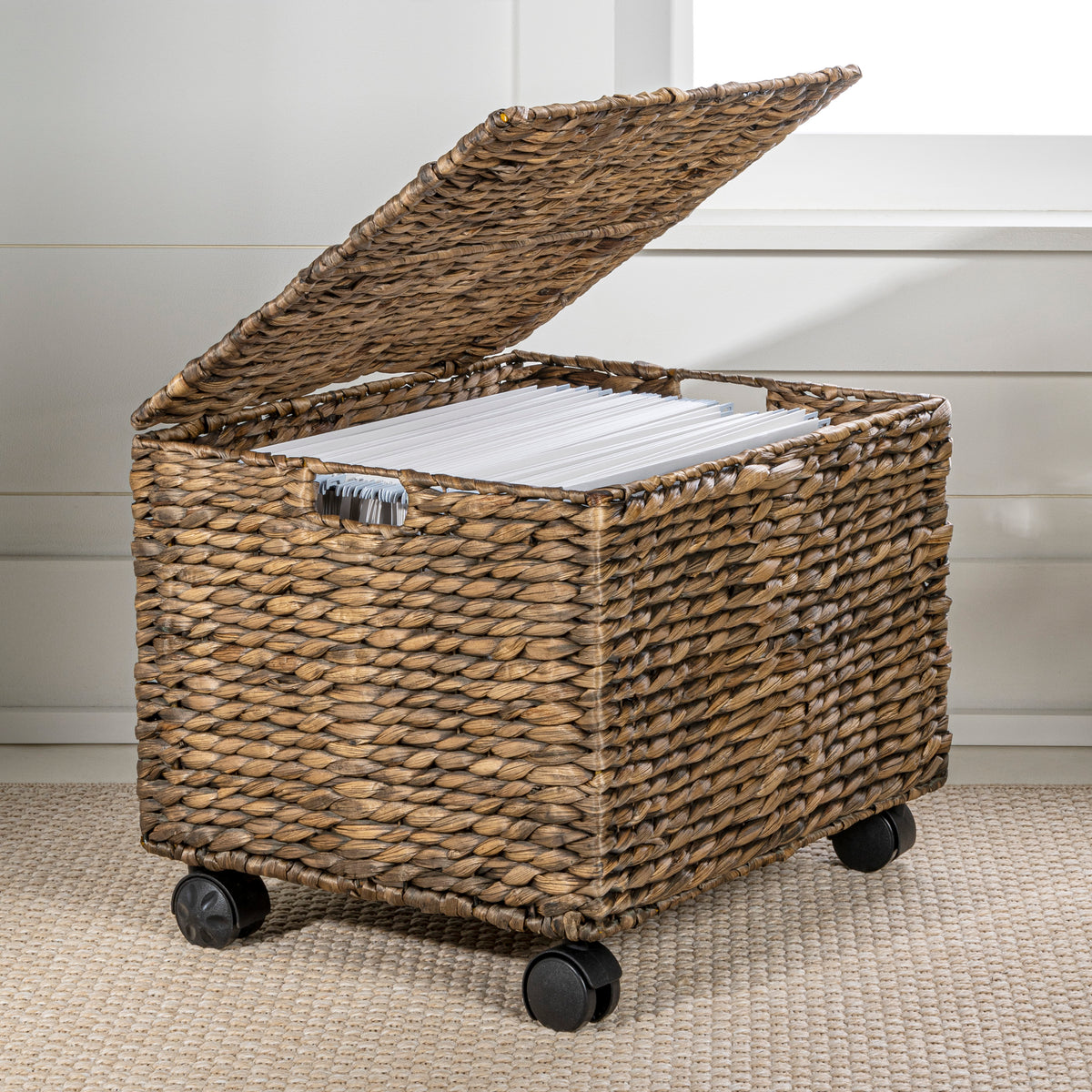 Snow 18.11" Classic Farmhouse Handwoven Hyacinth Rolling Filing Basket with Lid and 360 Degree Lockable Wheels