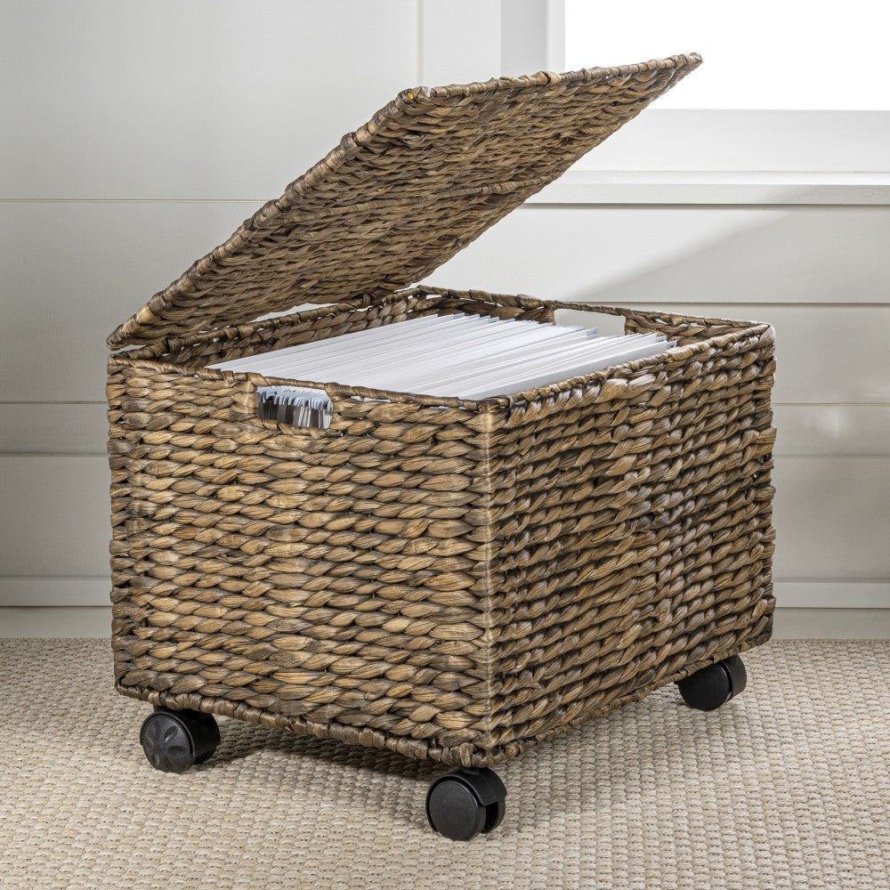 Snow 18.11" Classic Farmhouse Handwoven Hyacinth Rolling Filing Basket with Lid and 360 Degree Lockable Wheels