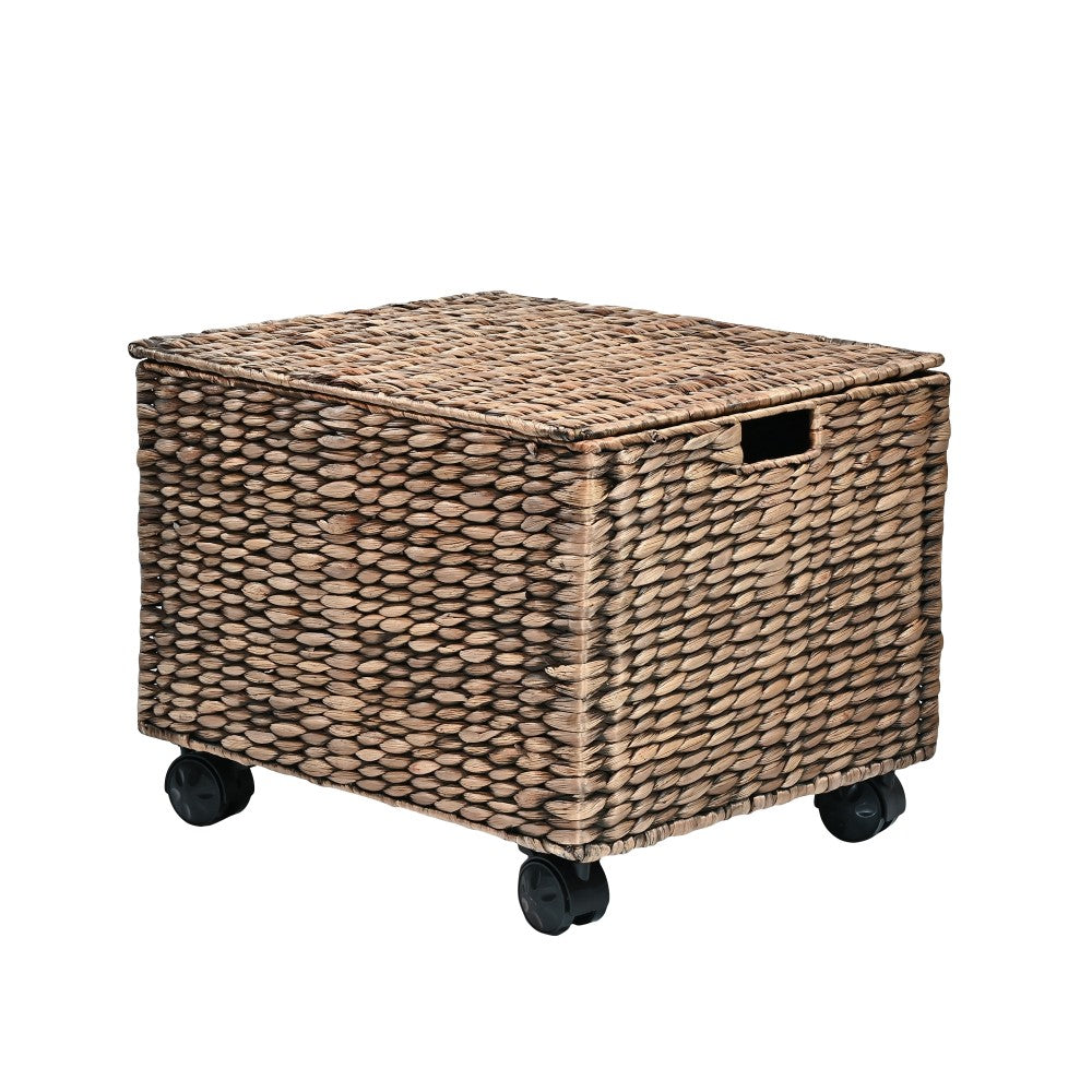 Snow 18.11" Classic Farmhouse Handwoven Hyacinth Rolling Filing Basket with Lid and 360 Degree Lockable Wheels