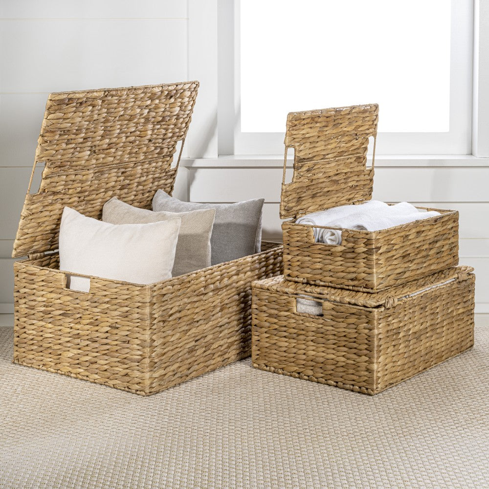 Ram Classic Farmhouse Woven Hyacinth Rectangular Storage Baskets with Lids and Handles