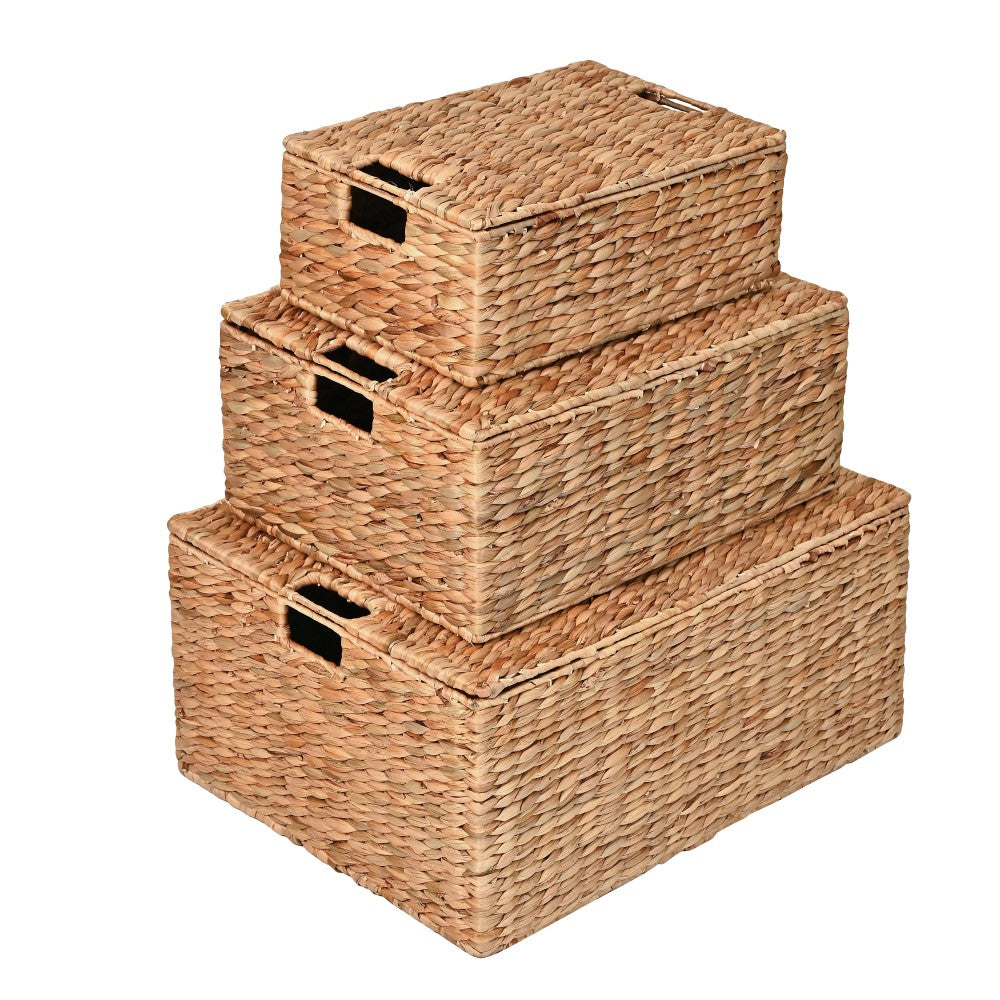 Ram Classic Farmhouse Woven Hyacinth Rectangular Storage Baskets with Lids and Handles