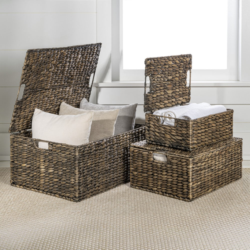 Ram Classic Farmhouse Woven Hyacinth Rectangular Storage Baskets with Lids and Handles