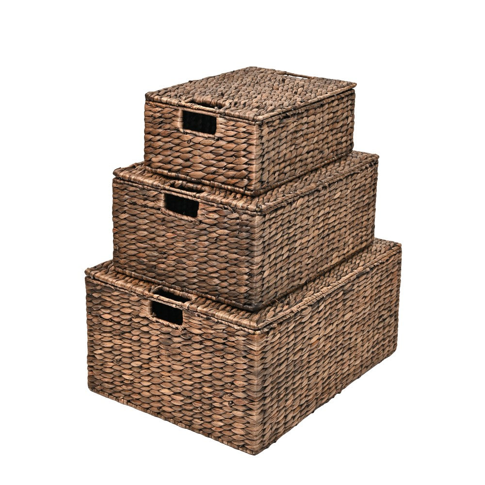 Ram Classic Farmhouse Woven Hyacinth Rectangular Storage Baskets with Lids and Handles