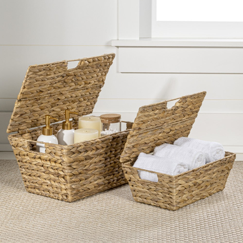 Blaze Classic Farmhouse Woven Hyacinth Rectangular Storage Baskets with Lids and Handles
