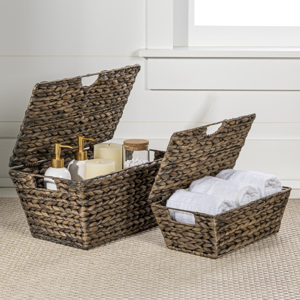 Blaze Classic Farmhouse Woven Hyacinth Rectangular Storage Baskets with Lids and Handles