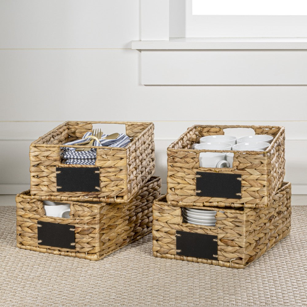 Ginger 12" Classic Farmhouse Handwoven Hyacinth Pantry Baskets with Chalkboard Labels and Handles