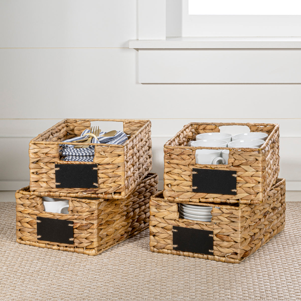Ginger 12" Classic Farmhouse Handwoven Hyacinth Pantry Baskets with Chalkboard Labels and Handles
