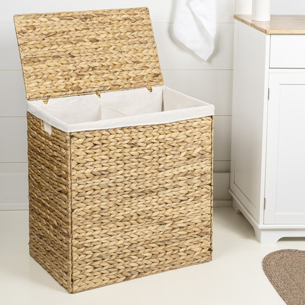 Deer 24" Classic Farmhouse Handwoven Hyacinth 2-Section Collapsible Laundry Hamper with Washable Liner