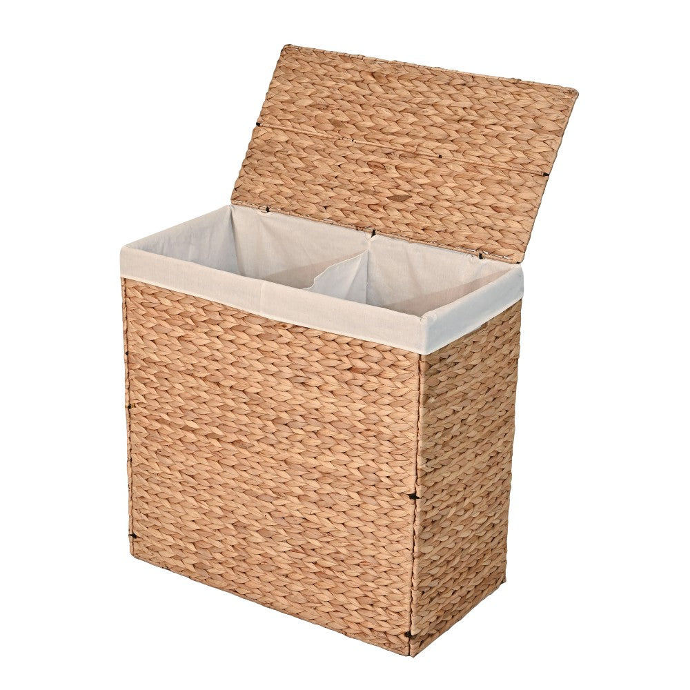 Deer 24" Classic Farmhouse Handwoven Hyacinth 2-Section Collapsible Laundry Hamper with Washable Liner