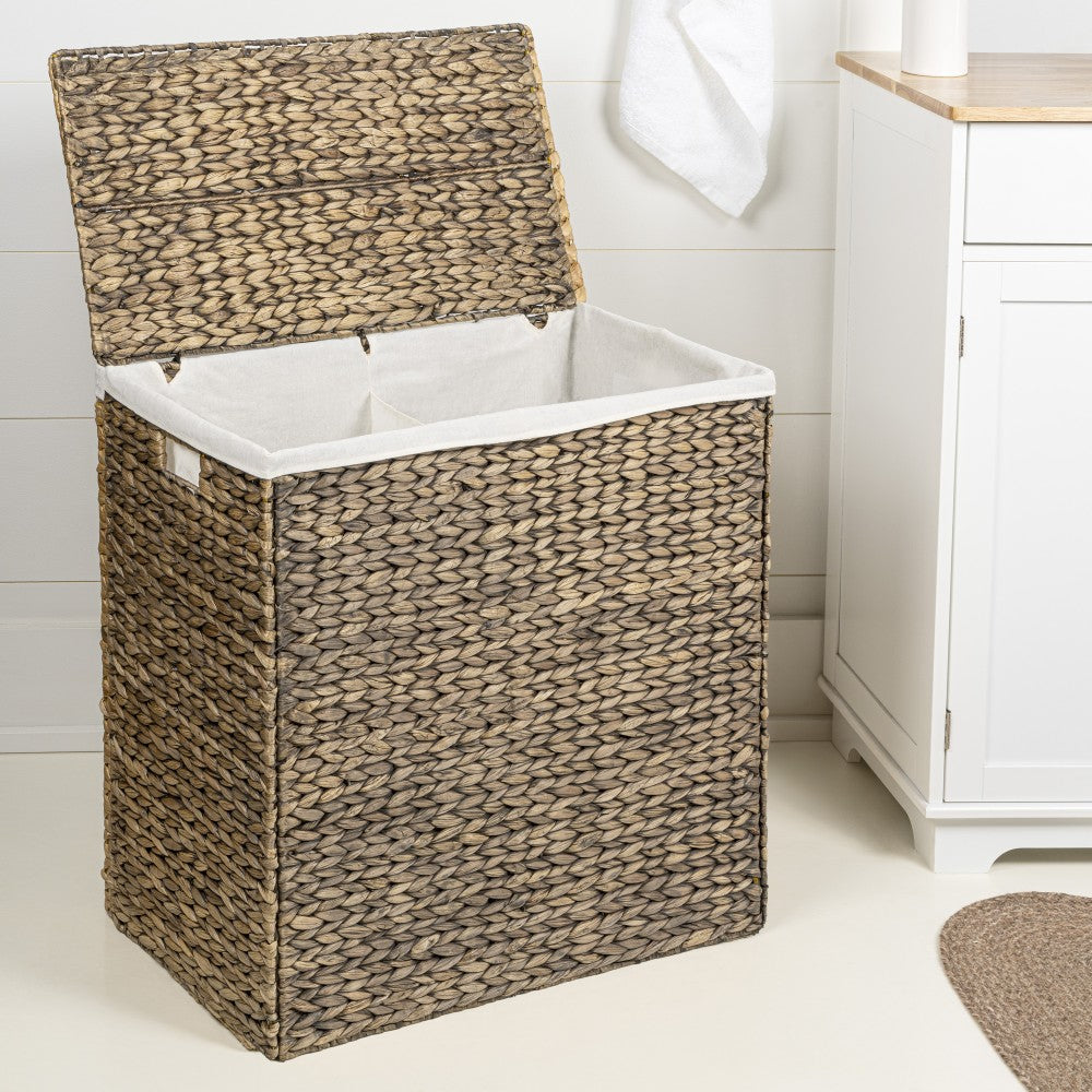Deer 24" Classic Farmhouse Handwoven Hyacinth 2-Section Collapsible Laundry Hamper with Washable Liner