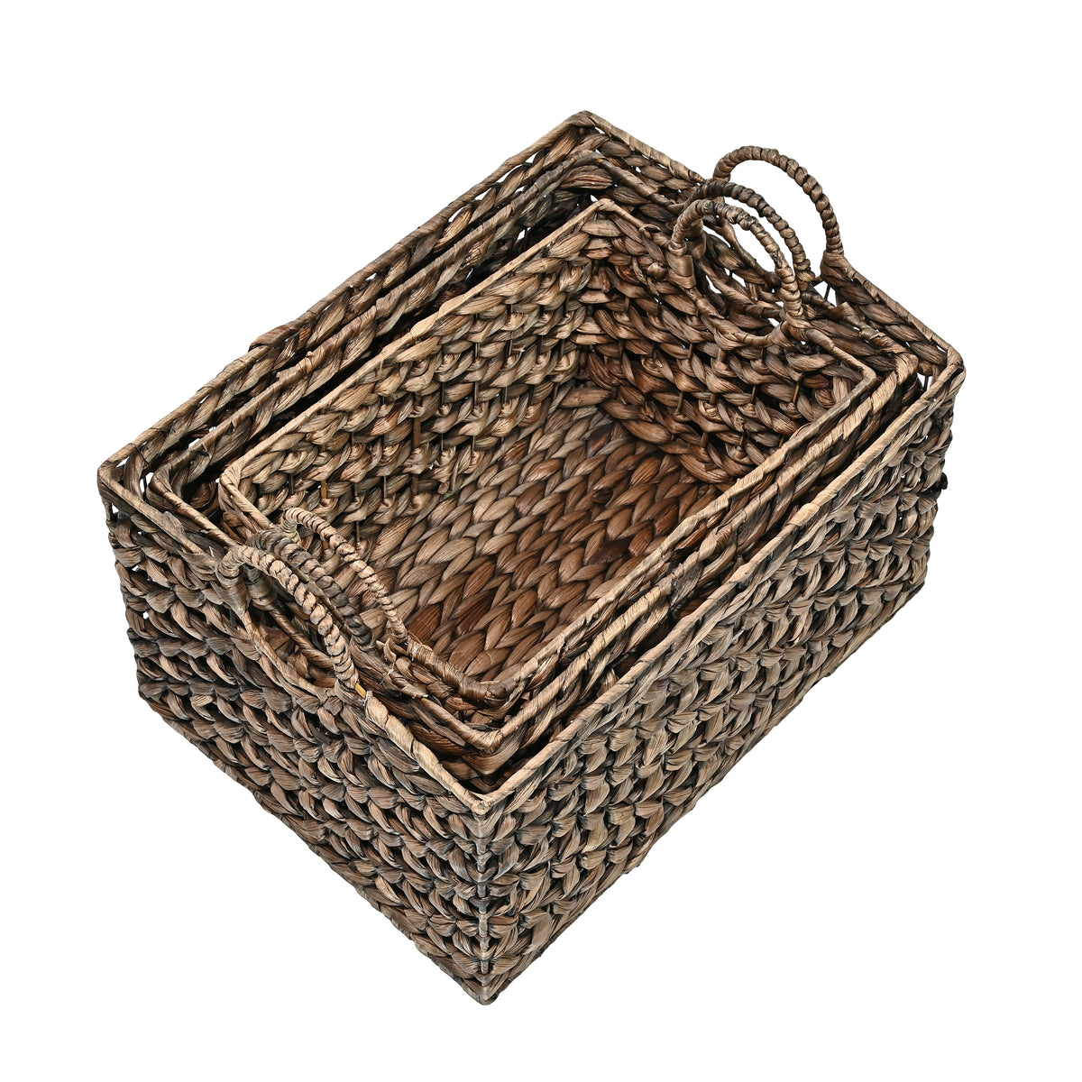 Quinn Bohemian Cottage Woven Hyacinth Rectangular Storage Baskets with Handles