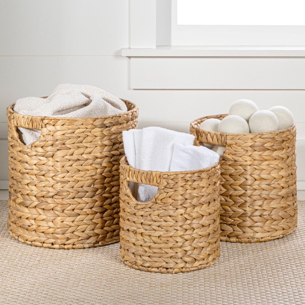 Ash Bohemian Cottage Handwoven Hyacinth Cylinder Nesting Baskets with Handles