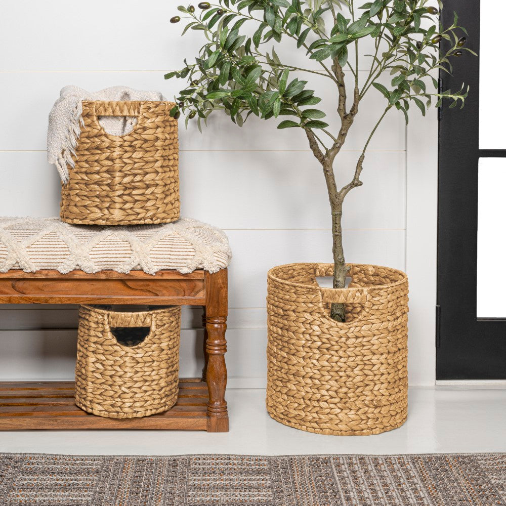 Ash Bohemian Cottage Handwoven Hyacinth Cylinder Nesting Baskets with Handles