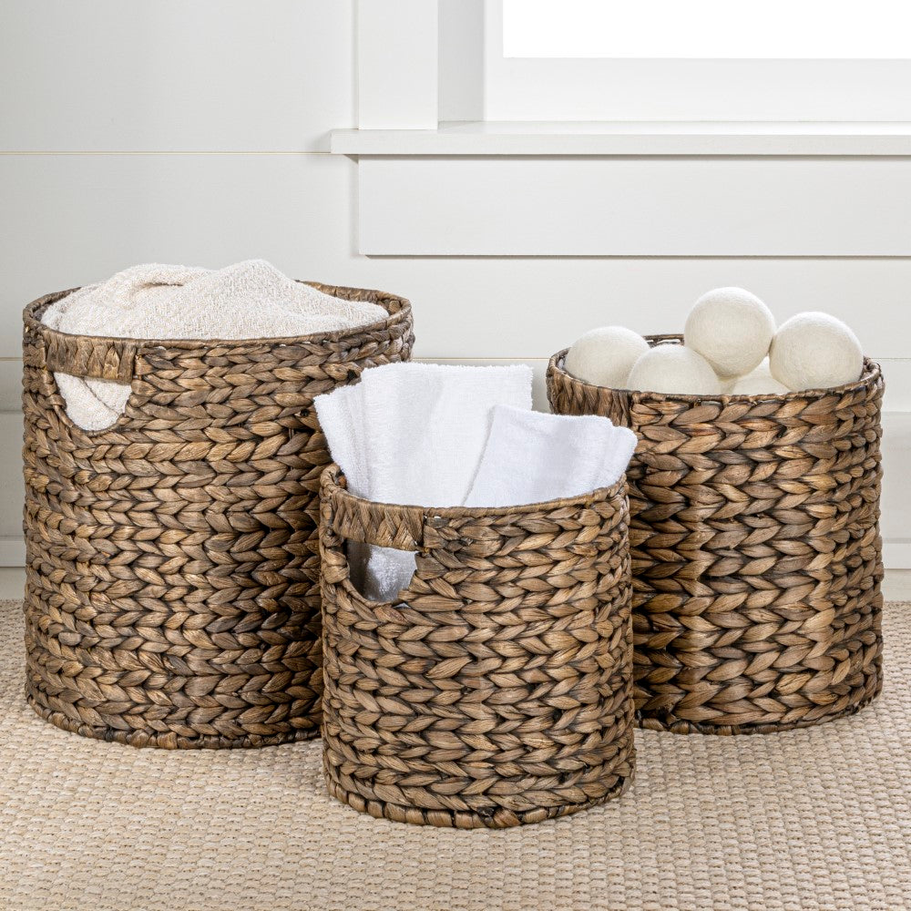 Ash Bohemian Cottage Handwoven Hyacinth Cylinder Nesting Baskets with Handles