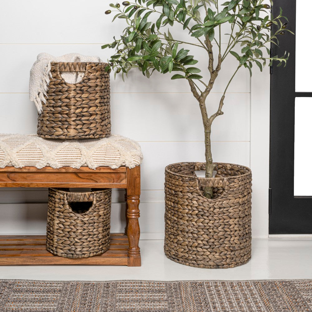 Ash Bohemian Cottage Handwoven Hyacinth Cylinder Nesting Baskets with Handles