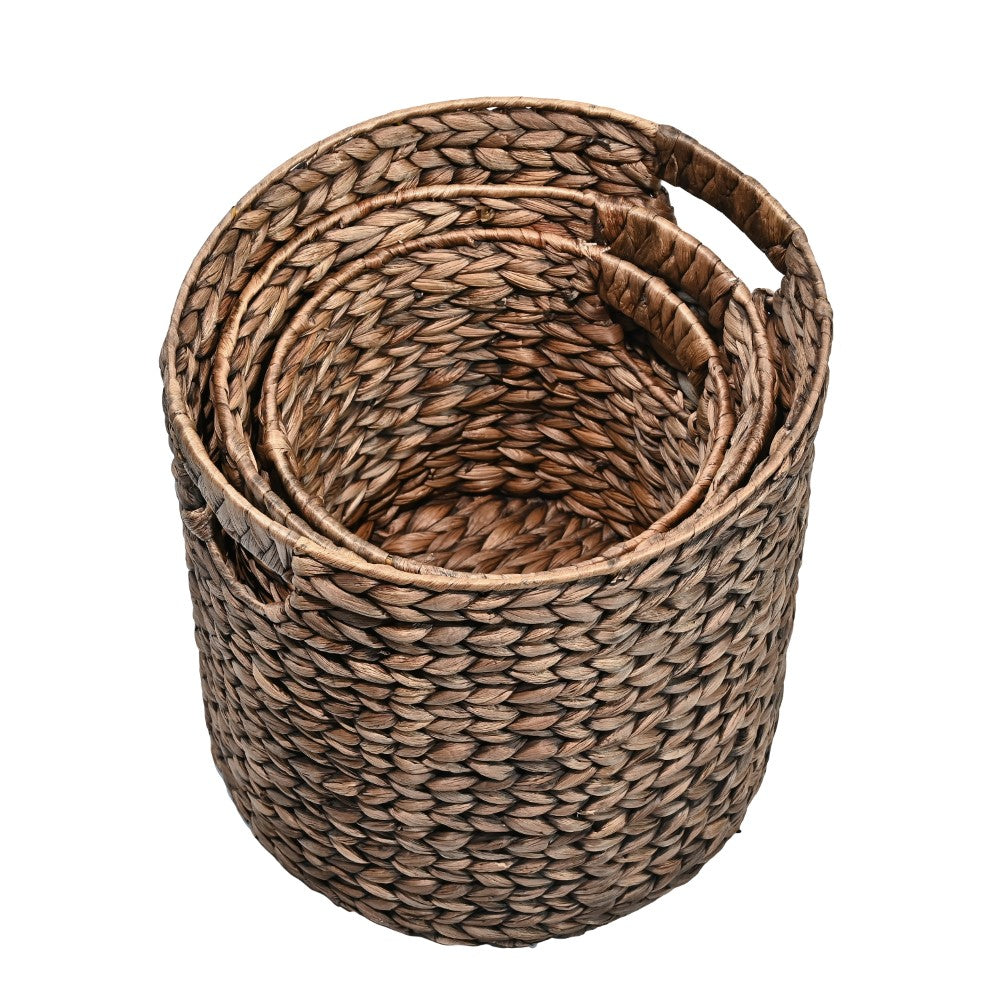 Ash Bohemian Cottage Handwoven Hyacinth Cylinder Nesting Baskets with Handles
