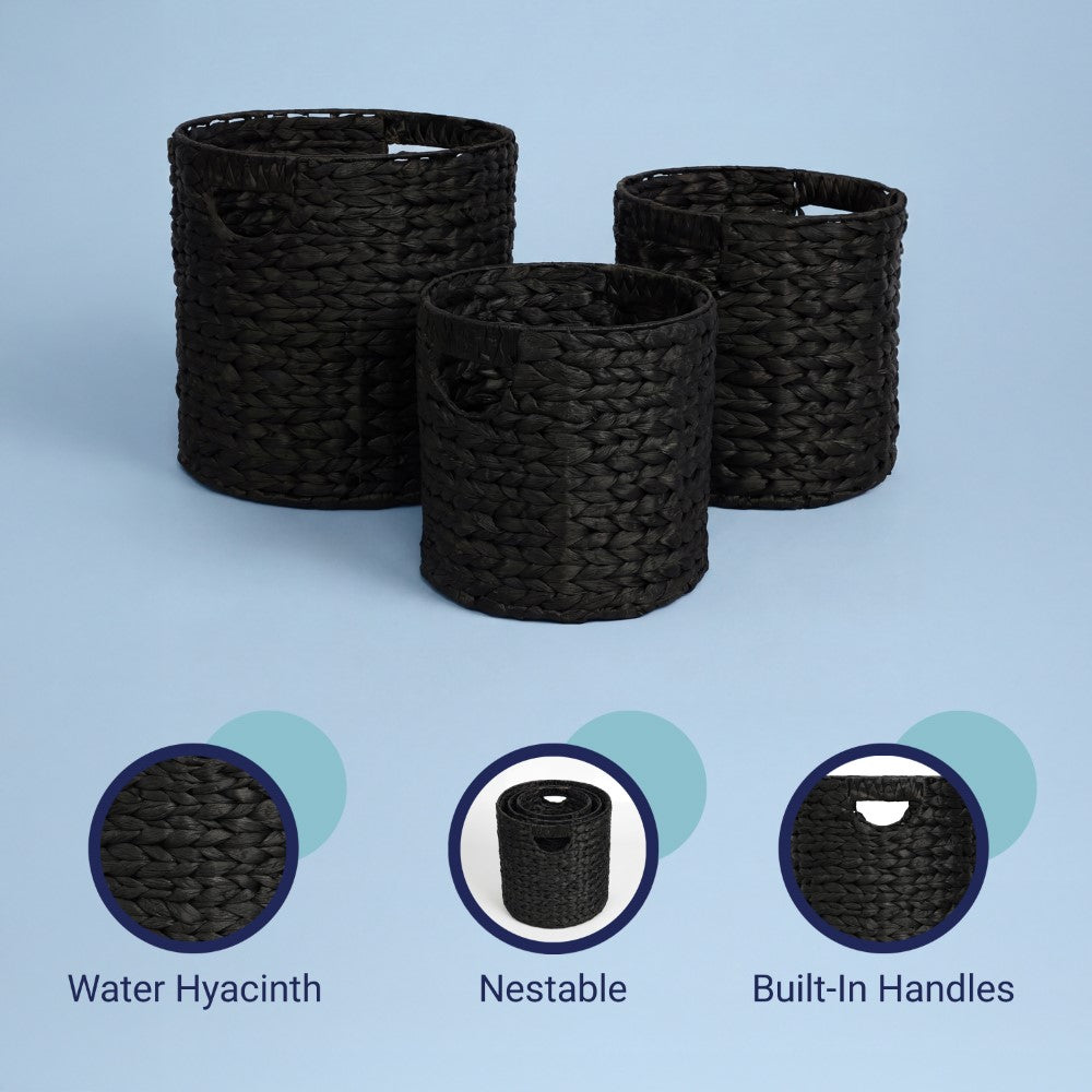 Ash Bohemian Cottage Handwoven Hyacinth Cylinder Nesting Baskets with Handles