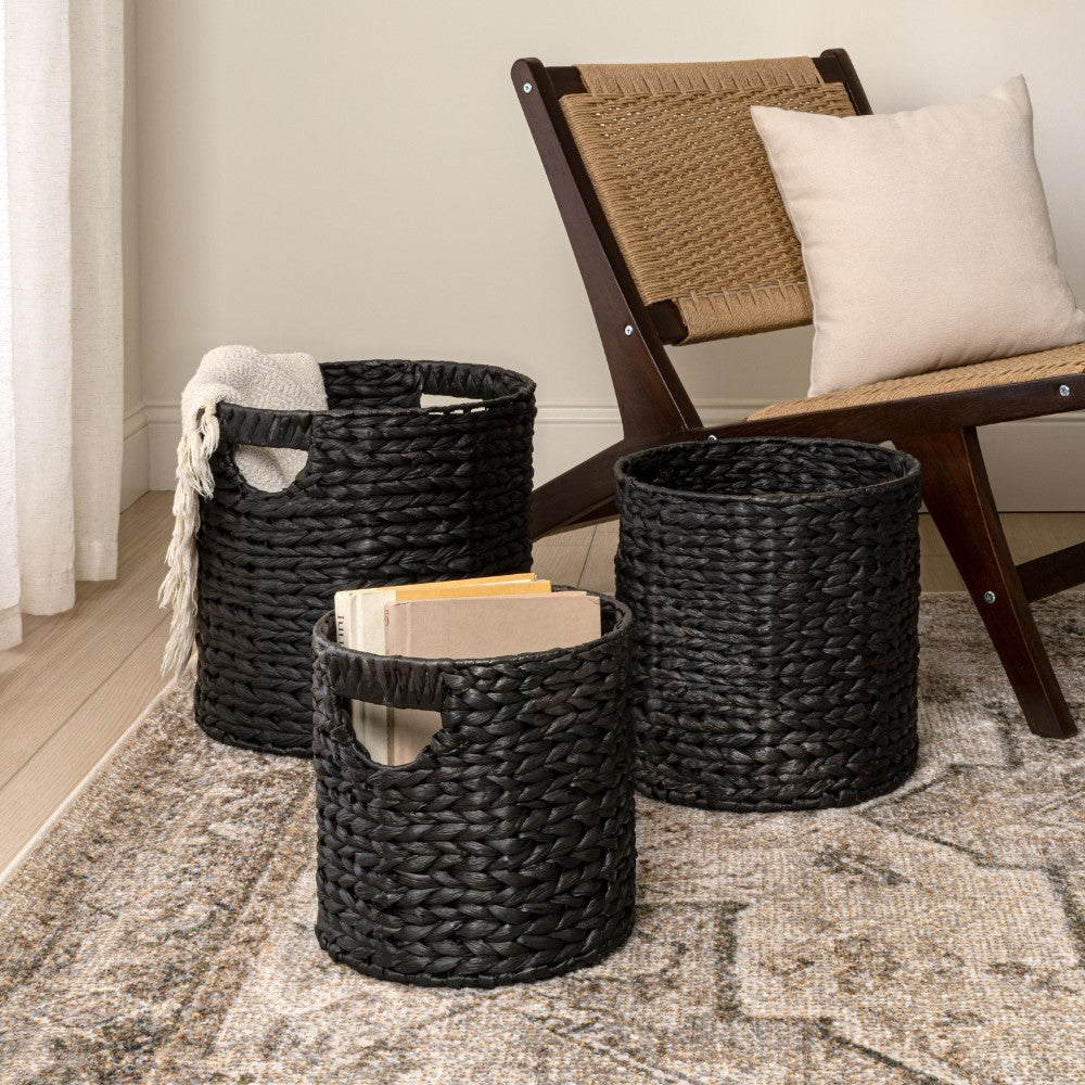 Ash Bohemian Cottage Handwoven Hyacinth Cylinder Nesting Baskets with Handles