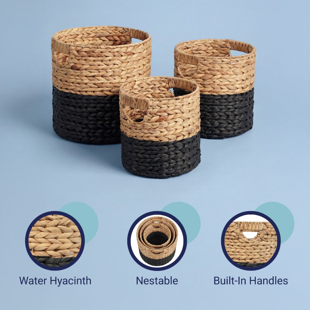 Ash Bohemian Cottage Handwoven Hyacinth Cylinder Nesting Baskets with Handles