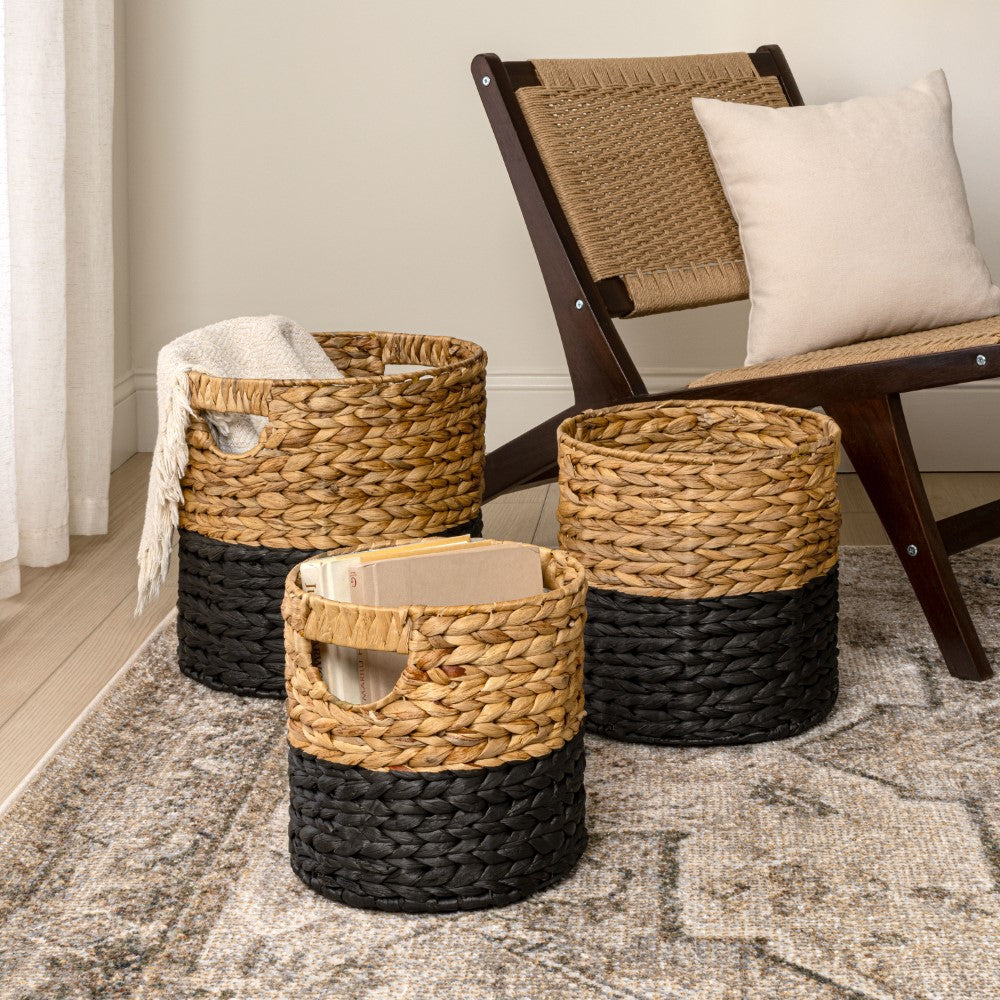 Ash Bohemian Cottage Handwoven Hyacinth Cylinder Nesting Baskets with Handles