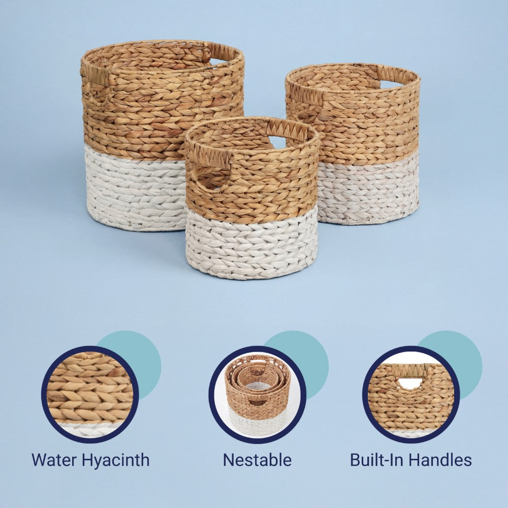 Ash Bohemian Cottage Handwoven Hyacinth Cylinder Nesting Baskets with Handles