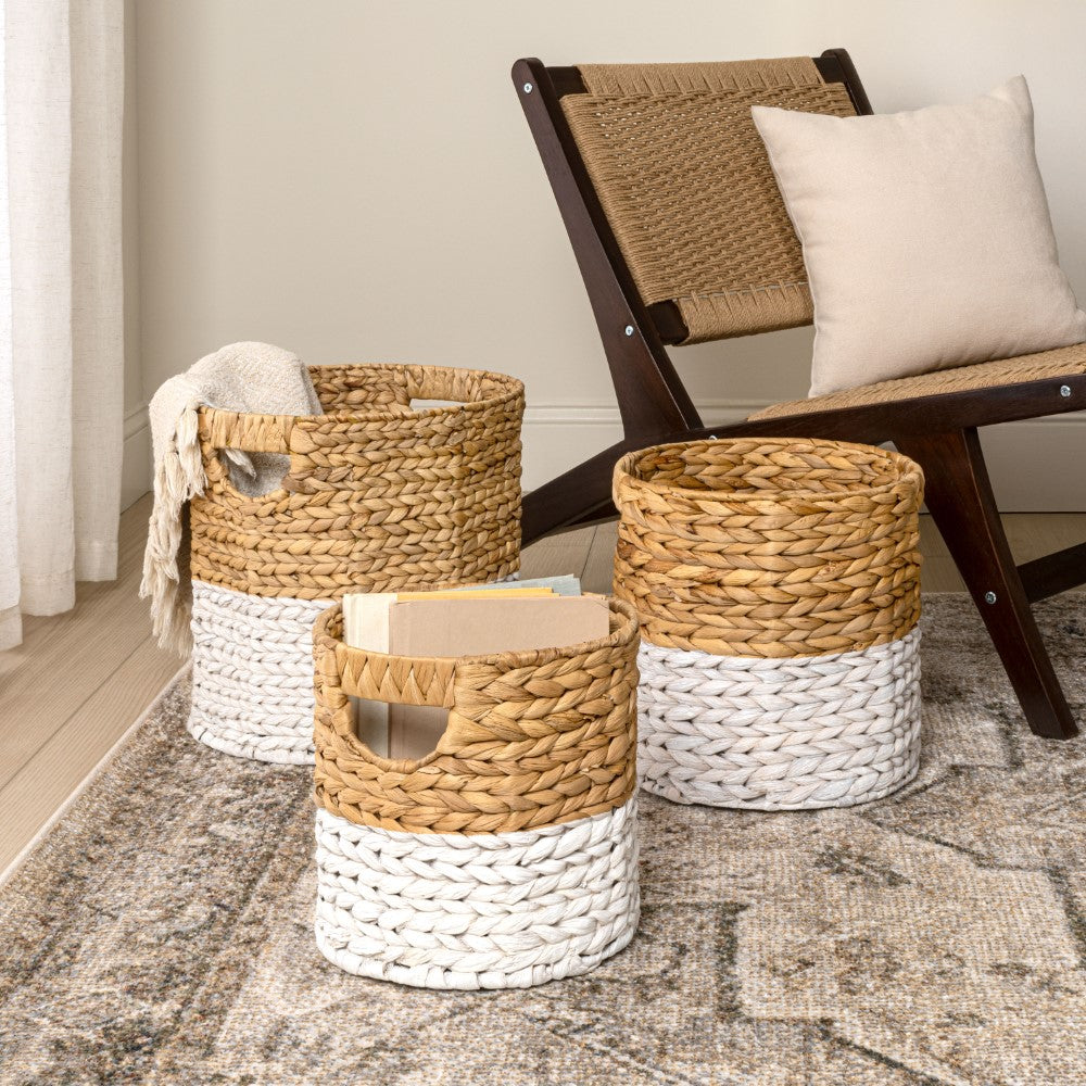 Ash Bohemian Cottage Handwoven Hyacinth Cylinder Nesting Baskets with Handles