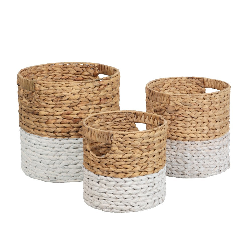 Ash Bohemian Cottage Handwoven Hyacinth Cylinder Nesting Baskets with Handles